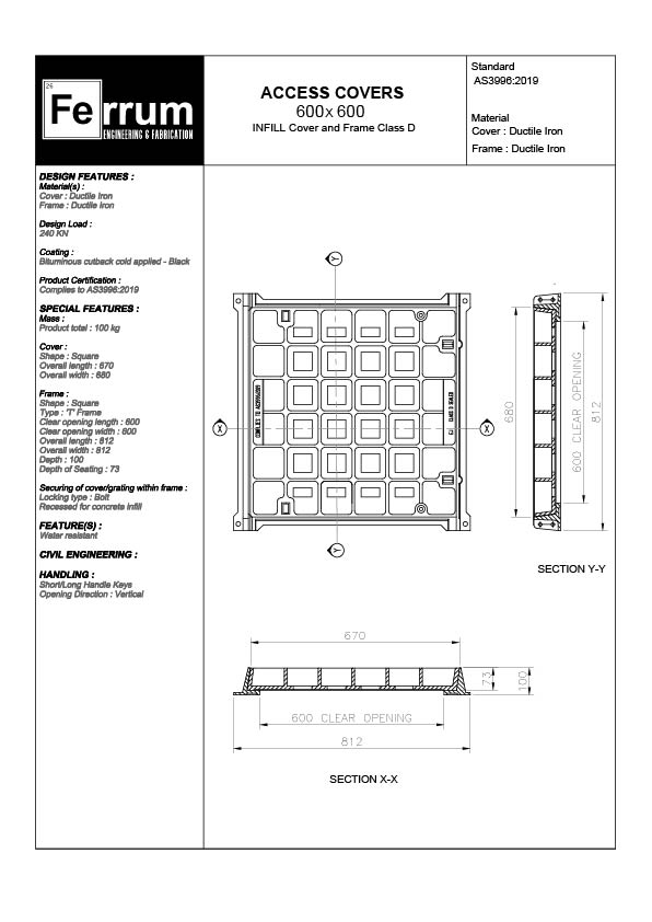 600mm x 600mm Ductile Cast-Iron Storm-water Lids