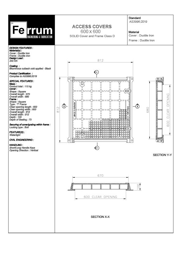 600mm x 600mm Ductile Cast-Iron Storm-water Lids